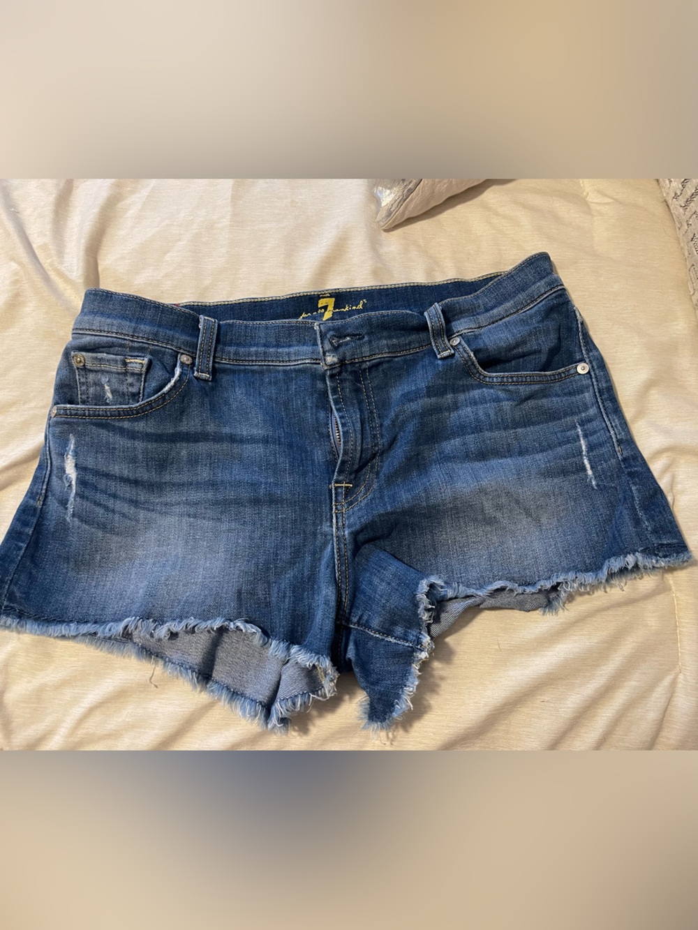 7 For All Mankind Distressed Dark Blue Denim Cutoff Shorts